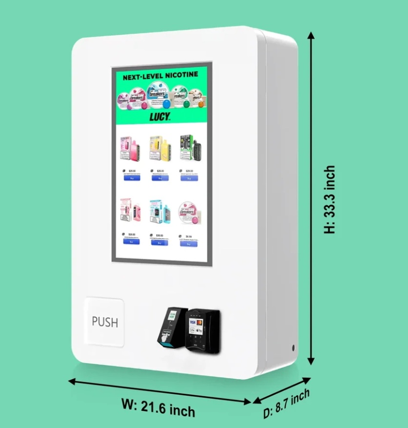 Wall-mounted white touchscreen vending machine, 21.6 inches wide by 33.3 inches tall