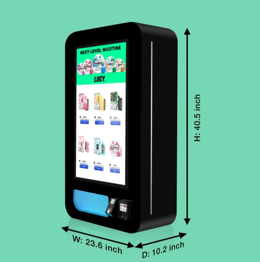 Freestanding black touchscreen vending machine, 23.6 inches wide by 40.5 inches tall
